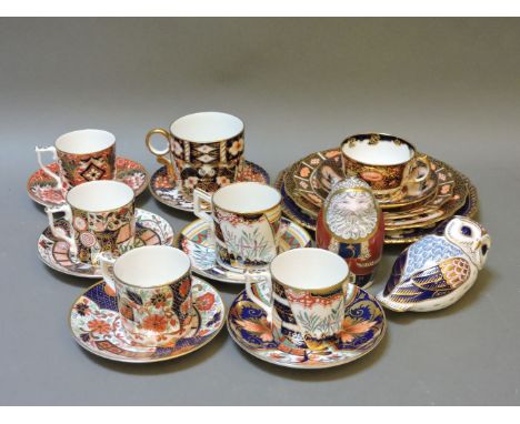 Five Royal Crown Derby 'The Curator's Collection cups and saucers, a 19th century Derby Tree of Life coffee can, three modern