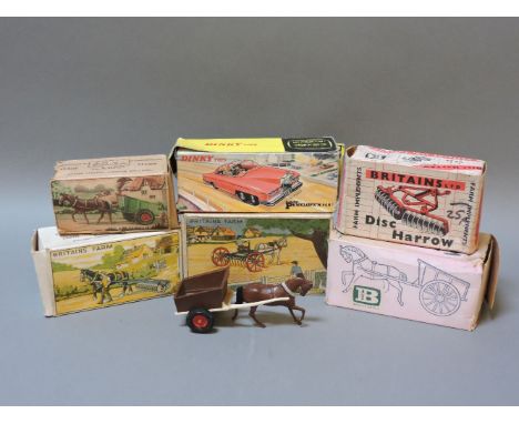 Five Britains farm toys, boxed, Horse Roller No 97F,  Horse Rake No 8F, Disc Harrow No 9534, Farm Cart No 126F, Farm Cart No 