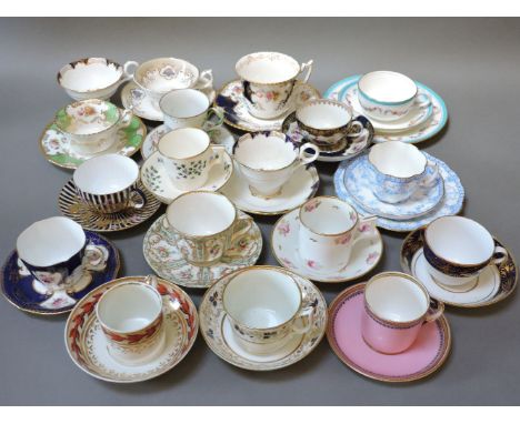 Seventeen cabinet cups, saucers and trios, Royal Crown Derby and other factories