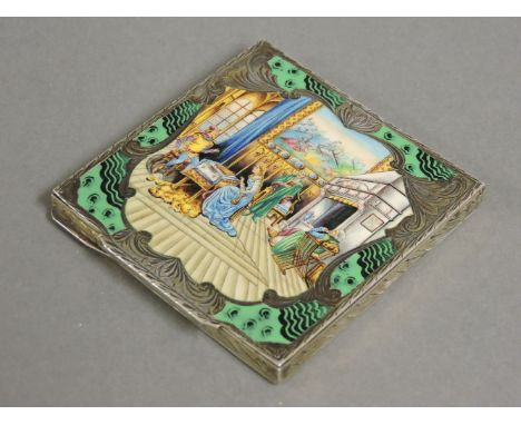 An early 20th century Continental silver and enamel compact, stamped 800, with 16th century interior scene, 7.5cm square