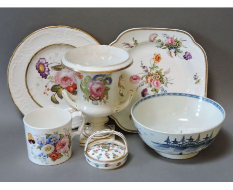 A Spode felspar dish, painted with floral sprays, a moulded plate, a rug, a Worcester bowl, a Minton miniature pot pourri bas