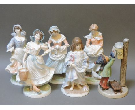 Five Royal Worcester porcelain figures, four from the 'Old Country Ways' series, the other titled 'Lullaby', and a Goebel fig
