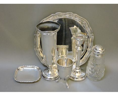 Six silver items, including a small vase, London 1902, salver, pin tray, Birmingham 1946, shaker, candlestick, and vase