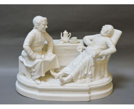 A parian figure, 'A Capital Joke', 19cm high, and a pair of modern Spode 'Italian' pattern blue and white jardinières, 18cm h