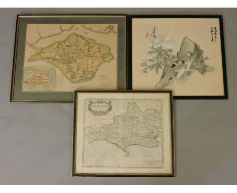 A Robert Morden map of Dorsetshire, a 19th century map of the Isle of Wight published by T Baker, and a Japanese silk work em