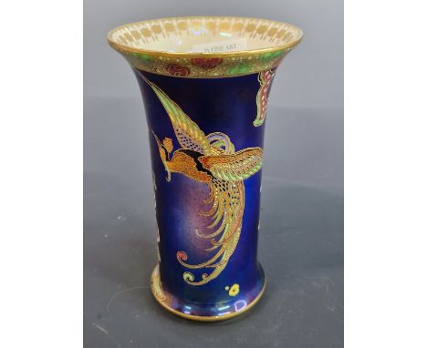 CARLTONWARE- A LUSTRE DECORATED FLARED RIM BEAKER VASE WITH EXOTIC BIRD DECORATION.