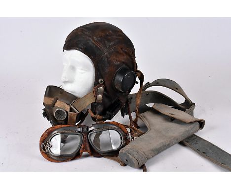 Murray Valentine's Flying cap and goggles, possibly a C type helmet, complete with oxygen mask and pair of goggles, plus his 