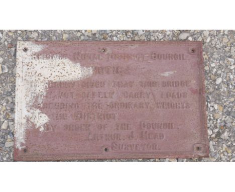 Reigate Rural District Bridge Notice, An original wall mounted cast iron notice, inscribed Reigate Rural District Council Not