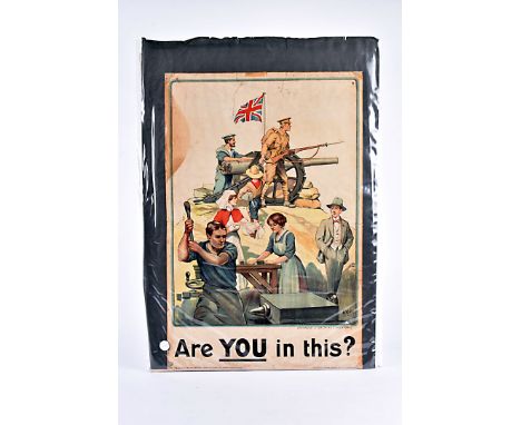 Are You In This? WWI propaganda poster designed by Lt. Gen. Sir R. S.S. Baden-Powell, depicting men, women and children engag