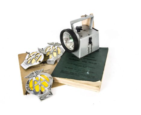 AA Car Badges a Railway Lamp and ephemera, three 1940s/60s chrome AA badges (two with repainted yellow inserts), a B.R. Chlor