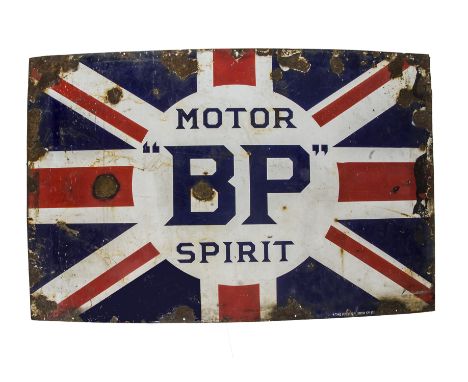 Original Enamelled BP Motor Spirit Advertising Sign,  a large example with blue lettering on a white and Union Flag ground, i