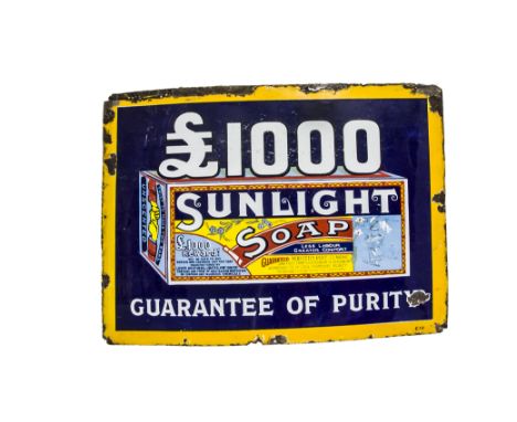 Original Enamelled Sunlight Soap Advertising Sign,  blue and yellow enamel pictorial example, inscribed £1000 Sunlight Soap G