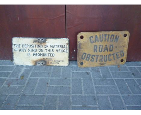 WSCC Notice and Road Obstructed Sign, an alloy notice black on white The Depositing of  Material of Any Kind on This Verge is