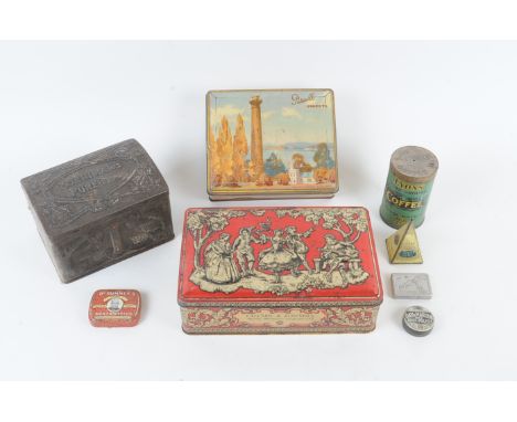 Biscuit and produce tins,  smaller tins, including Sinclair Foursome Mixture tobacco, Robinsons Barley, HMV, Columbia and Son