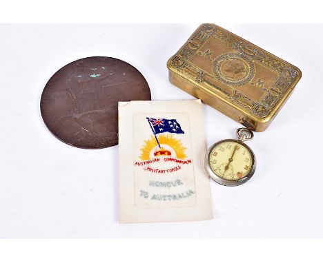 A WWI Memorial Plaque, for William Jonathan Arnold, together with a military issue open face pocket watch (AF), marked with b