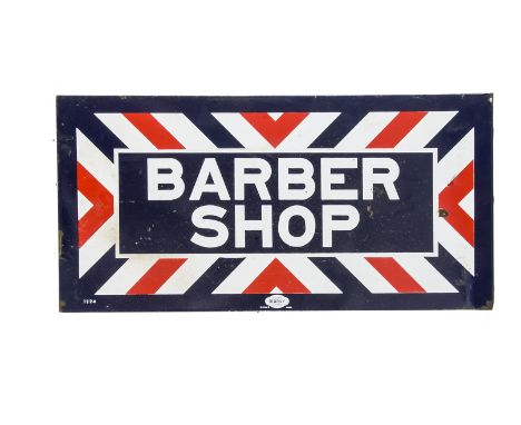 American Original Enamelled  William Marvy Company Barbers Advertising Sign, a double sided  flanged example with white lette