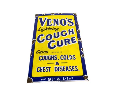 Enamelled Venos Advertising Sign, Venos Lightning Cough Cure, some enamel loss, 13" wide x 22" high, F-G