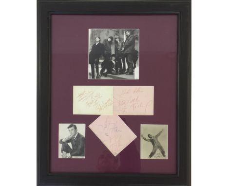 STONES, LITTLE RICHARD, JET HARRIS AUTOGRAPHS - A mounted and framed display comprising of 3x pictures; of The Rolling Stones