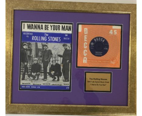 ROLLING STONES FULLY SIGNED MUSIC SHEET - A mounted and framed display comprising of 7" 'I Wanna Be Your Man" single in Decca