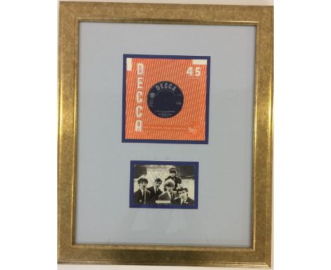 ROLLING STONES SIGNED POSTCARD - A framed and mounted display comprising of a copy of 'Satisfaction' in Decca company sleeve 