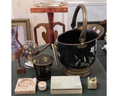 A  Bargeware brass coal bucket, painted with white honeysuckle, an onyx cigarette box;  a lighter;  a door stopper;  etc 