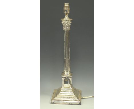 Asprey &amp; Garrard - A large silver plated Neo-Classical table lamp, Corinthian stop fluted column, square plinth, columns 