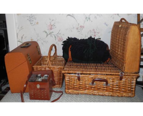 A wicker picnic hamper;  a wicker bottle carrier;  blanket;  etc 