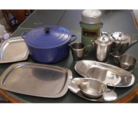 A large Le Crueset casserole dish and cover, in blue;  Thermos flask  Old Hall metalware;  etc 