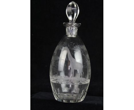 Rowland Ward - Safari, Giraffe engraved glass decanter and stopper, probably on a Moser blank, ovoid form with faceted base a