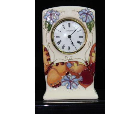 Emma Bossons for Moorcroft Pottery - table clock in Butterfly Pattern, Hechinger quartz movement, painted and impressed marks