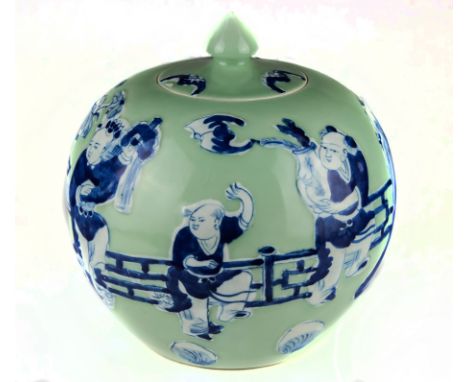 A Chinese porcelain celadon ground blue and white jar and cover, globular decorated with figures, tables and vase of lotus fi