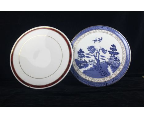 Royal Worcester porcelain cake platters, a Medici ruby pattern example, boxed; and real Old Willow cake platter by Booth`s (2