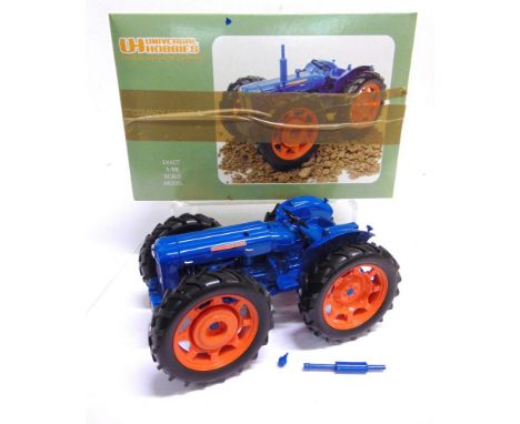 A 1/16 SCALE UNIVERSAL HOBBIES FORDSON COUNTY SUPER 4  blue and orange, near mint, boxed (box lacking half polystyrene inner 