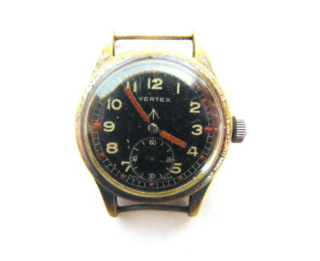 A SECOND WORLD WAR BRITISH VERTEX MILITARY WRISTWATCH  with a Swiss made manual wind movement, the circular black dial with w