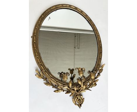 GIRANDOLE, 19th century giltwood and gesso moulded, oval beaded frame with three branch foliate candelabra, 104cm H x 72cm.