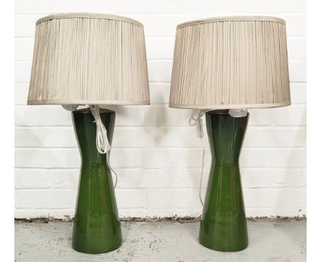 TABLE LAMPS, a pair, green ceramic, with shades, 67cm H. (2)