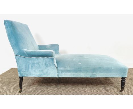 DAYBED, Napoleon III ebonised in sky blue velvet on castors, 94cm H x 78cm W x 160cm L.