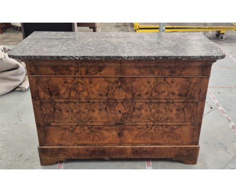 COMMODE, Louis Philippe, burr walnut with grey marble top above four drawers, 86cm H x 131cm W x 61cm D.