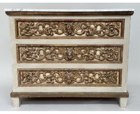 COMMODE, 19th century and later Venetian painted with three long gilt carved and mounted drawers, mirror panelled sides, Carr