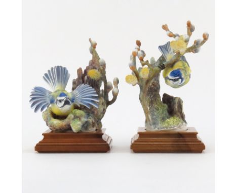 Two Royal Worcester Dorothy Doughty Porcelain Bird Groups "Blue Tit Parus Caeruleus and Pussy Willow" In Original Wood Stands