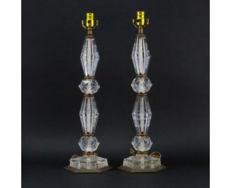 Pair of Antique Possibly EF Caldwell Etched Crystal and Bronze Lamps. Unsigned. One with repair to bottom or in good conditio