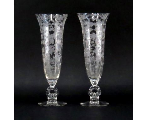 Pair of Vintage Cambridge Glass "Rose Point" Vases. Etched rose motif with key hole sculpted stem. Good condition. Measures 1