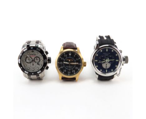 Three (3) Men's Invicta Watches. Includes: Model 10759 Stainless Steel and Leather Chronograph Strap Watch, 49mm case; Pro Di