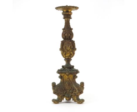 Antique Baroque style Heavy Brass Ecclesiastical Candlestick. Unsigned. Dirty but good condition. Was previously electrified.