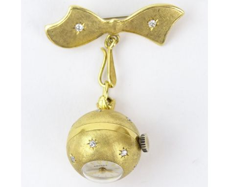 Lady's Vintage Depraz 18 Karat Yellow Gold and Diamond Pendant Ball Brooch Watch. Stamped 750. Good vintage condition. Runnin