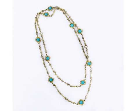 Vintage 14 Karat Yellow Gold and Turquoise Bead Necklace. Stamped 585. Good condition. Measures 33" L. Approx. weight: 44.3 g