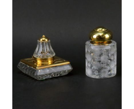 Grouping of Two (2) Vintage Inkwells. Includes: Lalique France "Tokyo" holder mounted as inkwell, glass and etched brass inkw