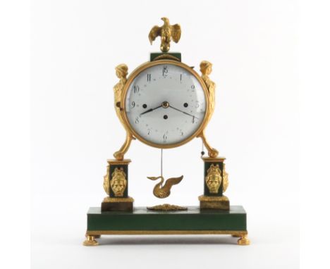 Late 18th or Early 19th Century Austrian Empire Gilt Bronze Figural Mantel Clock. Decorated with zoomorphic figures above col