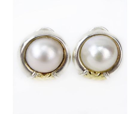 Vintage Mabe Pearl, 18 Karat Yellow Gold and Sterling Silver Button Earrings. Stamped Tiffany &Co, 925 and 750. Good conditio