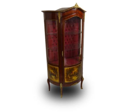 19/20th Century Louis XV Style Gilt Bronze Vernis Martin Vitrine. Demi lune form with serpentine crown, gilt bronze foliage m